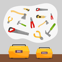 Matching children educational game. Arrange the tools in boxes according to size.
 Activity for pre sсhool years kids and toddlers.