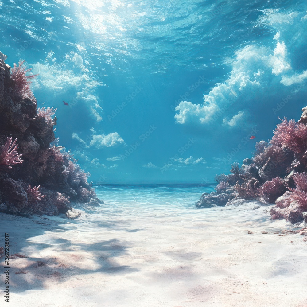 Poster underwater scene with coral reefs sunlight streaming through the water sand at the bottom and sky wi