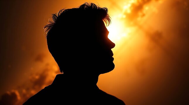 Silhouetted image of a man gazing into a divided galaxy, warm golden glow from a back light source. Radiant and luxurious feel, high resolution