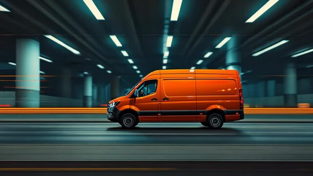 A brightly colored delivery van navigates through an illuminated urban tunnel at night, highlighting the hustle of city life