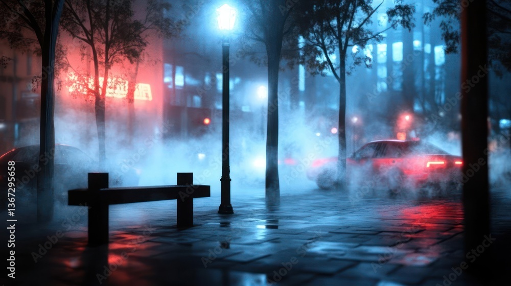 Poster city street scene at night with fog illuminated by streetlights and car lights featuring bench trees