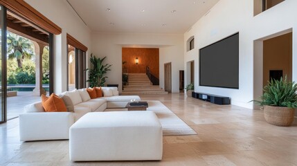 Spacious modern living room with white sectional sofa orange cushions open to outdoors a large projection screen and elegant staircase in the background