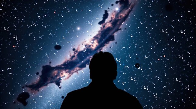 High-resolution stock photo of a man gazing into a distinctly divided galaxy. Creative light art, commercial quality, professional style, artistic lighting creates abstract patterns