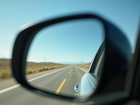 A rearview mirror captures the vast, open road stretching toward the horizon, showcasing a peaceful journey through stunning landscapes under a clear blue sky