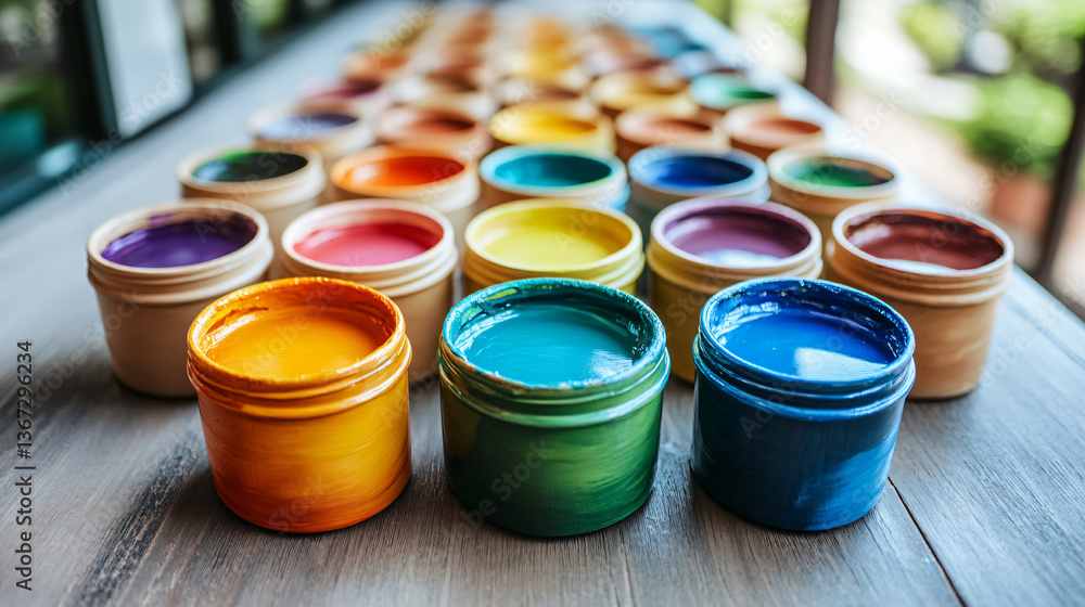 Poster a table displaying a wide array of newly mixed paint cans ready for use in an art studio providing f