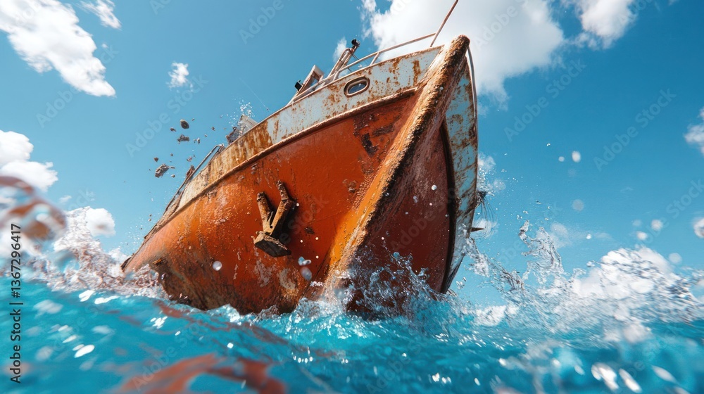 Poster weathered rusty ship wreckage amid ocean waves under blue sky with clouds. vivid colors and dynamic 