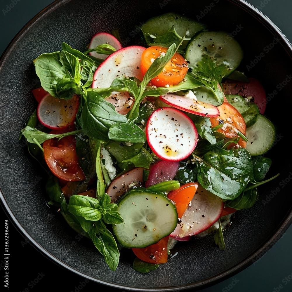 Poster fresh colorful salad in black bowl with vibrant vegetables including tomatoes cucumber radish and ba
