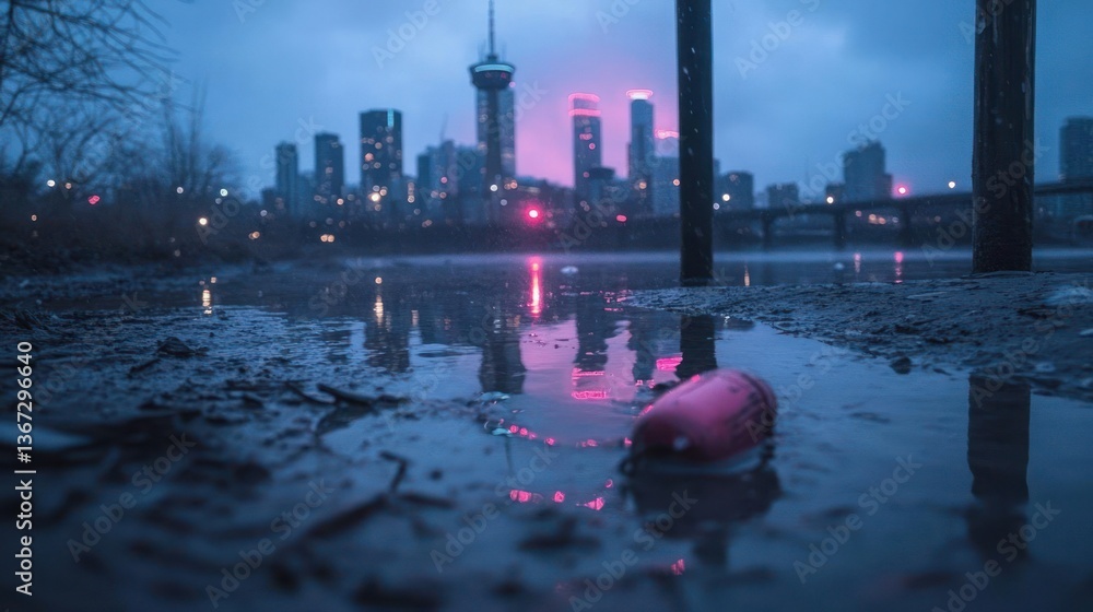 Poster Urban cityscape at dusk with illuminated skyscrapers reflecting in puddles after rain. A lone red object rests in the foreground adding a striking contrast to the dark blue tones