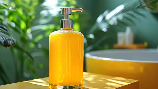 Sunlit bathroom scene featuring a golden citrus or floral bath elixir in a glass bottle with pump. Promotes relaxation, wellness, and natural beauty