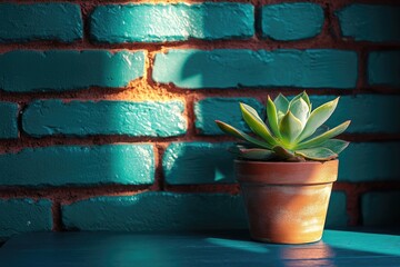 A succulent plant in a terracotta pot sits on a teal painted brick wall, bathed in sunlight.