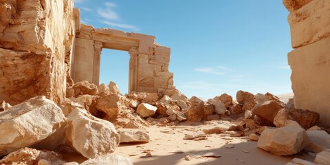 Ruined ancient architecture with rough stone textures under bright blue sky casts shadows on sand conveying desolation and history