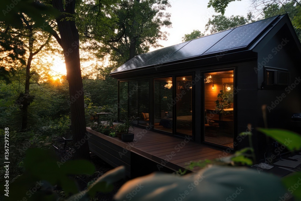 Aufkleber cabin at sunset in the woods with glass windows and warm light inside. it is surrounded by trees and