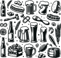 Iconic Beer Brewery Process And Beverages Equipment Black Filled Vector Illustration Design On White Background