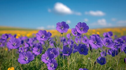 Vibrant purple wildflowers bloom in a sunny field against a bright blue sky.