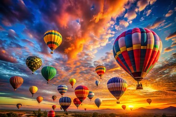 Aerial View of Colorful Hot Air Balloons Racing at Sunrise, Competition, Adventure