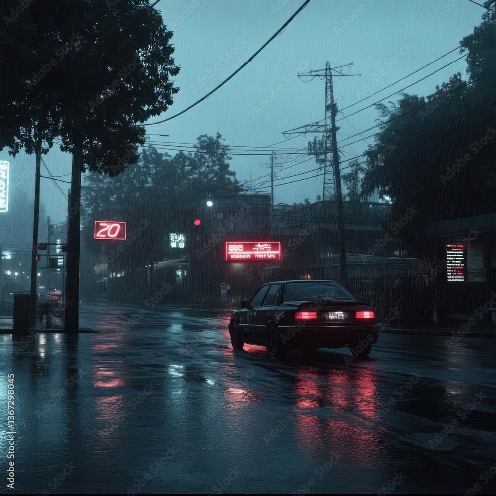 Poster a rainy night scene with a vehicle driving on a wet road illuminated by neon signs and street lights