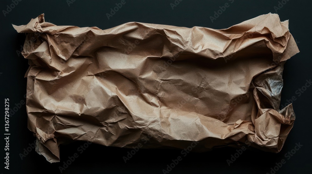 Poster top view of crumpled brown paper sheet texture on black background