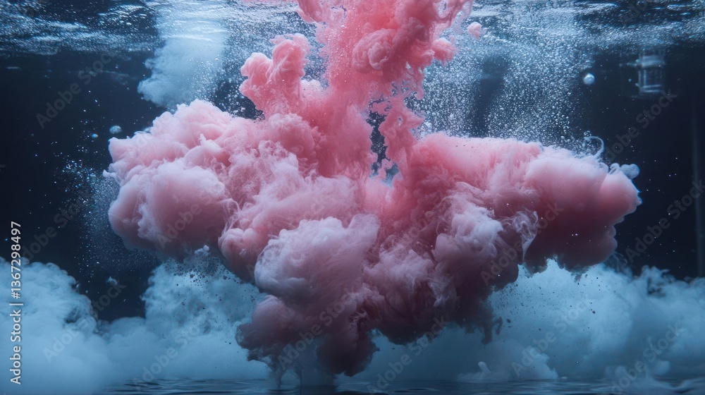 Leinwandbilder Pink cloud of ink dissolving in water with blue and white smoke-like forms creating an abstract underwater scene with glitter particles. 