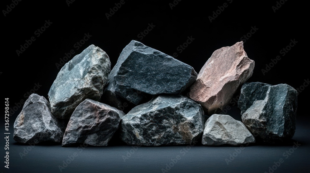 Aufkleber Pile of various textured rocks in different colors and sizes against black backdrop high detailed studio shot