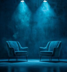 two chairs and spotlights in podcast or interview room on dark background as a wide banner for media conversations or podcast streamers concepts with copyspace. Generative AI