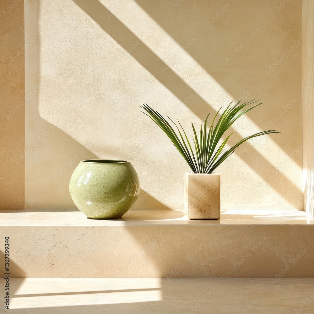 Poster Two ceramic vases and a plant in a square pot are on a ledge illuminated by sunlight and shadows in a minimalistic setting