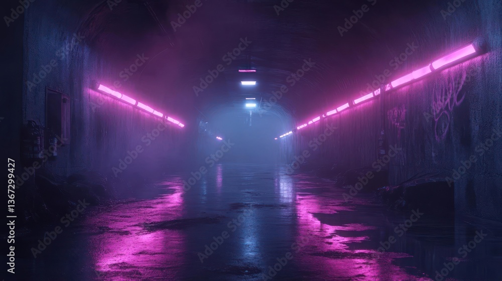 Poster dark neon tunnel with reflective wet ground and textured walls illuminated by pink and blue fluoresc