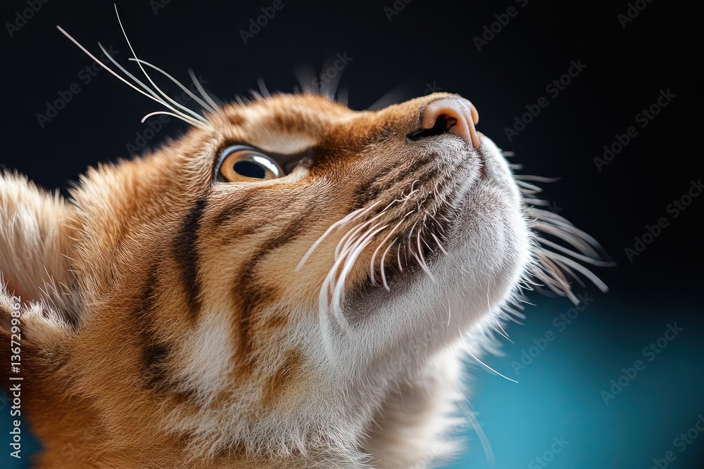 Poster close up of a ginger tabby cat looking up against a dark blue background featuring whiskers and deta