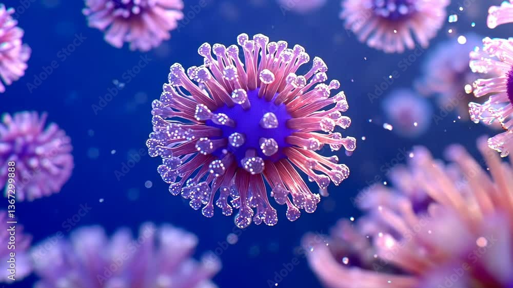 Poster close-up view of colorful virus-like structures illustrating microscopic biology in a dynamic enviro