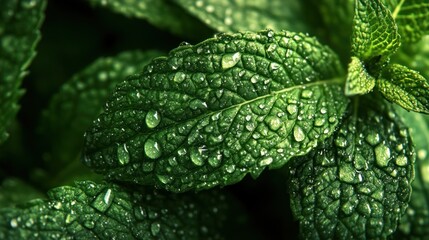 Fresh Mint Leaves Covered in Dew Drops