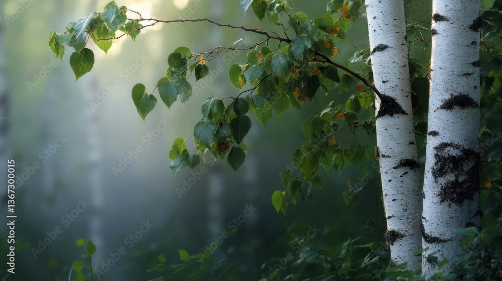 Poster sunlit forest with birch trees and green foliage. drops of water on leaves. atmospheric lighting in 