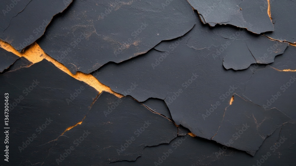 Poster Close up of textured dark cracked surface revealing gold color beneath creating a contrast emphasizing age and wear