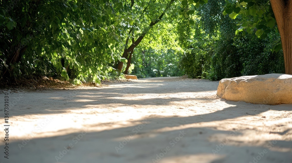 Poster a sunny pathway through a lush green park with trees casting shadows. focus is on the path with a lo