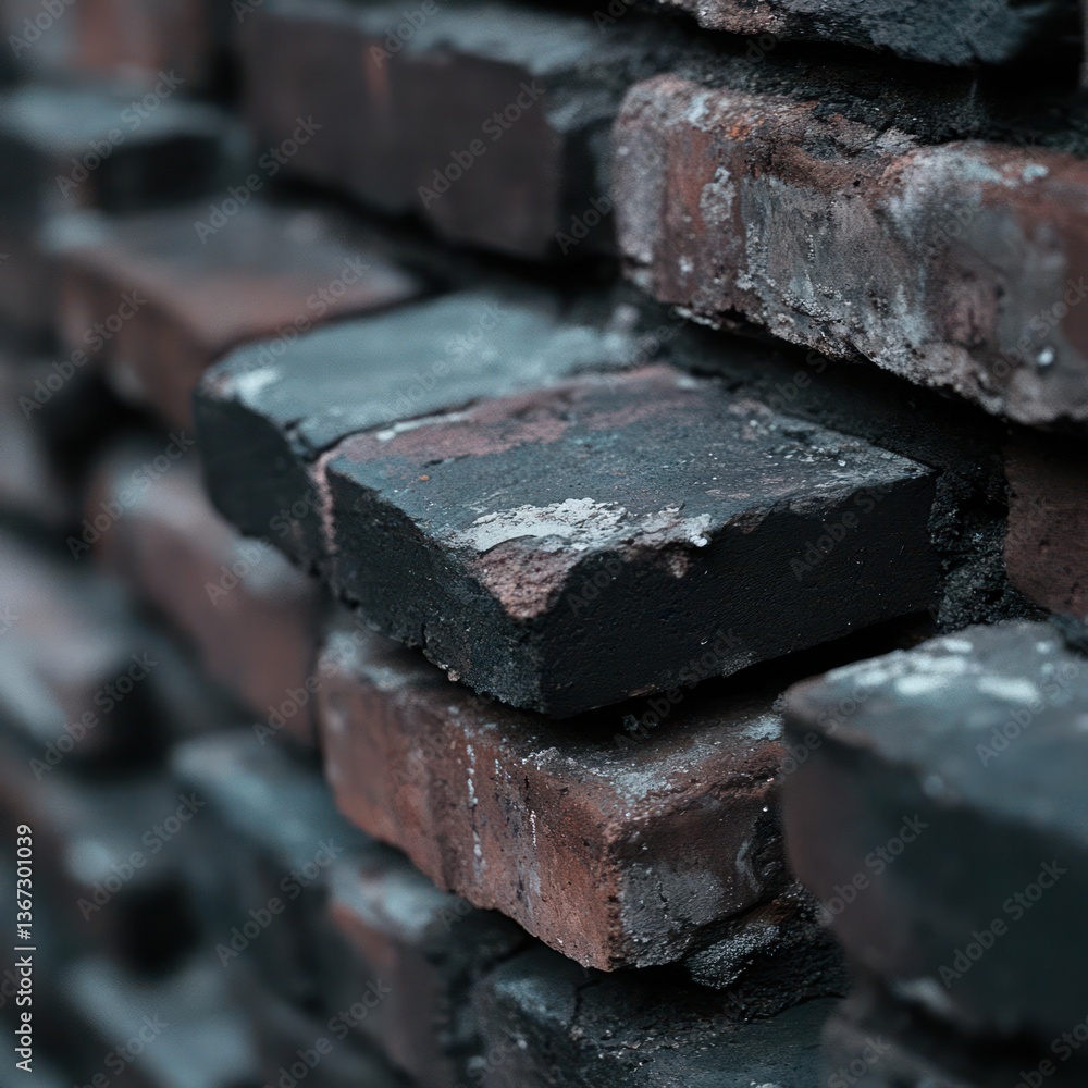 Poster Close up view of weathered brick wall with dark red and black bricks shows texture and patterns with shallow depth of field