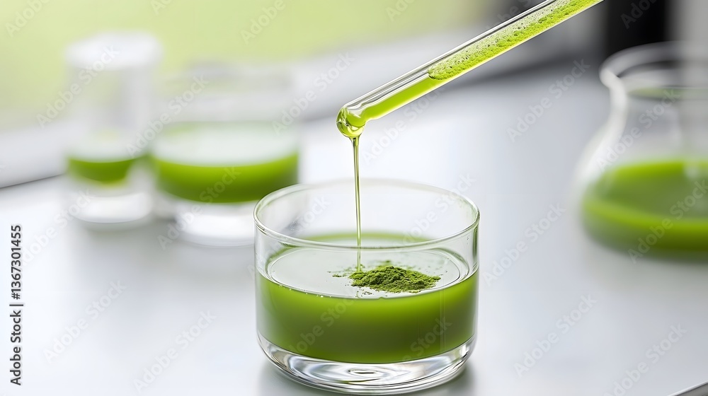 Poster bright green matcha extract meticulously analyzed in a professional laboratory setting showcasing th