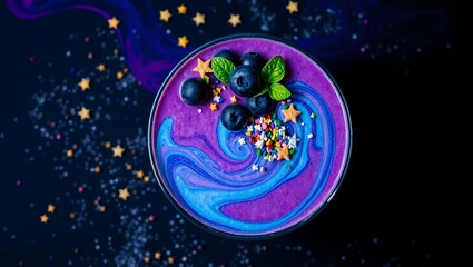 Fototapeta premium Galaxy Smoothie Bowl with Blueberries, Mint, and Edible Glitter Stars