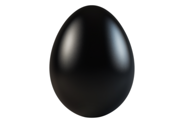 Glossy black egg with smooth reflective surface isolated on white transparent background. Symbol of mystery, luxury, and uniqueness