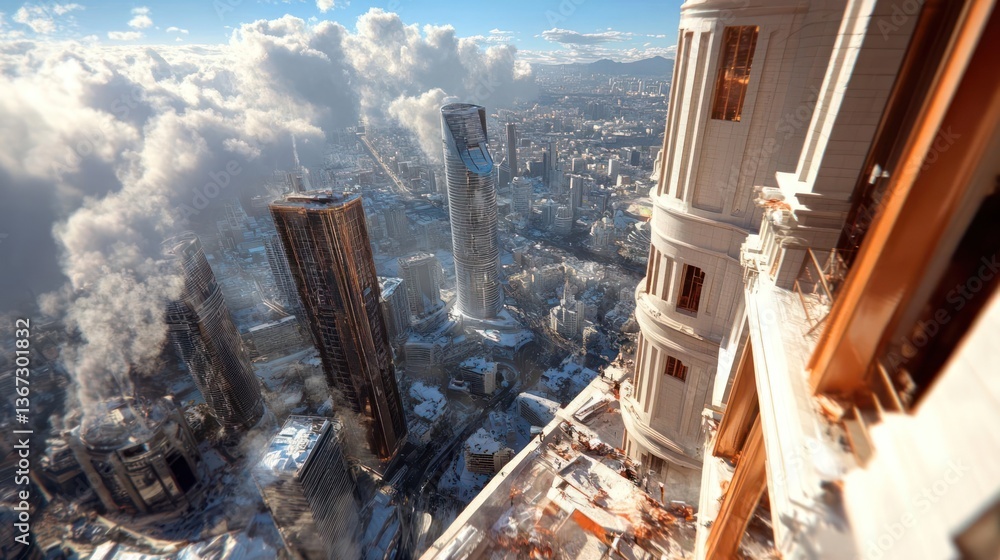 Aufkleber aerial cityscape view with textured skyscrapers amidst clouds under blue sky some structures exhibit