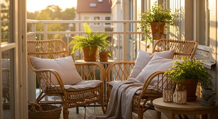 Fototapeta premium Relaxing Wicker Balcony with Plants and Cushions in Warm Evening Light