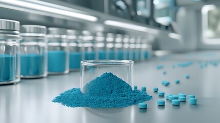 Vibrant blue spirulina powder displayed in a futuristic laboratory setting with clean minimalist design  The scene showcases the superfood s natural benefits and innovative presentation for health