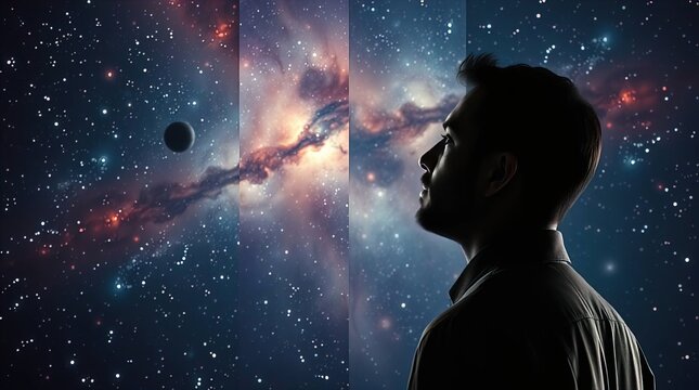 A man gazing into a vast galaxy, distinctly split into divided sections, rich burgundy and deep blue, cinematic style, film-like composition, elegant lighting, sophisticated mood