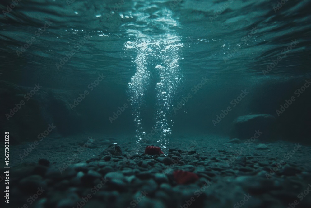 Aufkleber Underwater view of bubbling water ascending from the seabed. Rocks and pebbles are visible in the dim environment. Atmospheric and serene