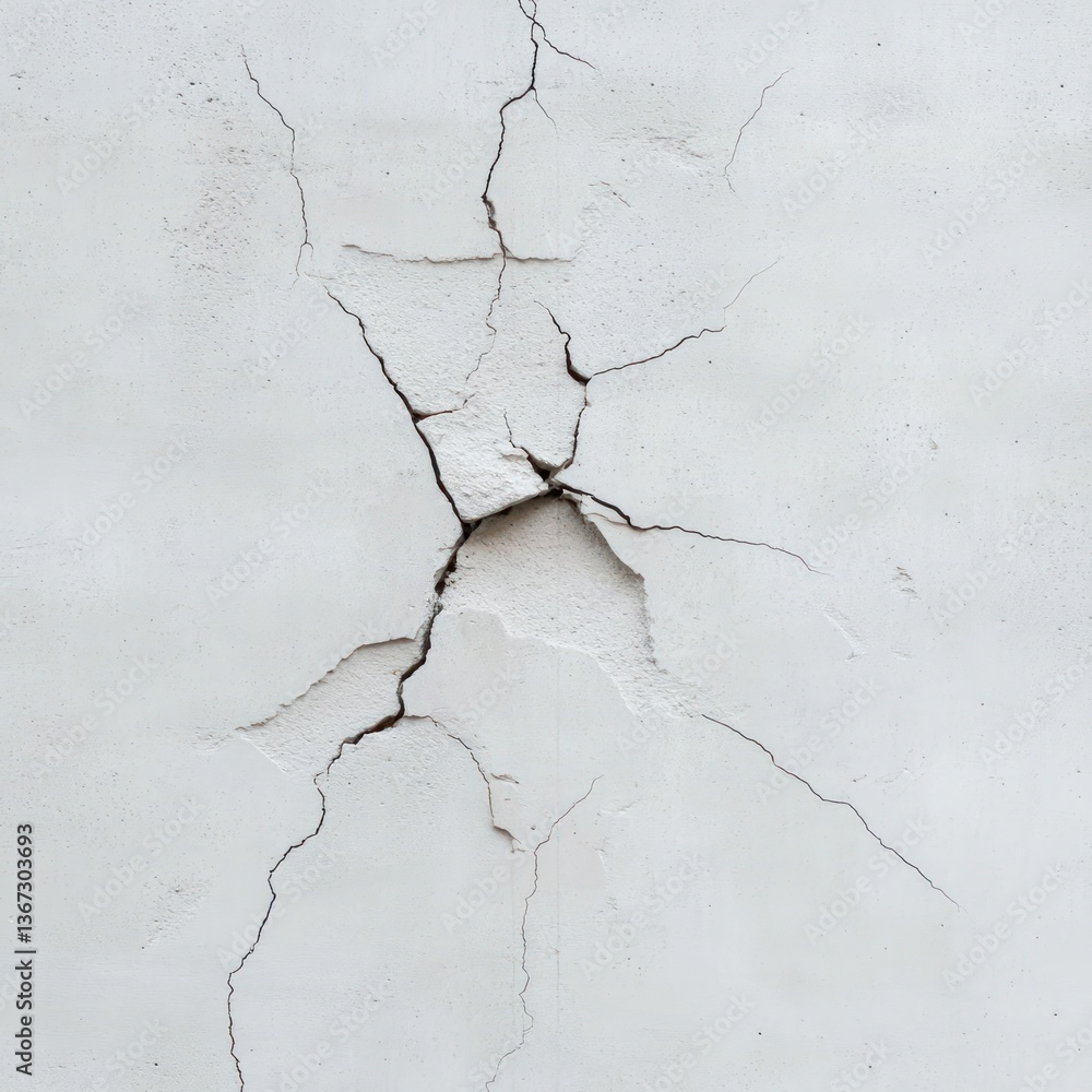 Poster close up of white wall with a large crack and small holes. texture shows damage and decay. brown and