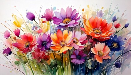 Colorful full flowers, aquarelle illustration