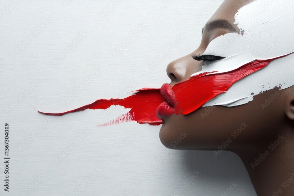 Poster profile portrait of a person with bold red and white paint strokes across their face against a textu