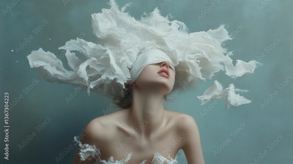 Poster woman with eyes covered by white cloth surrounded by splashing water, creating a dynamic and etherea