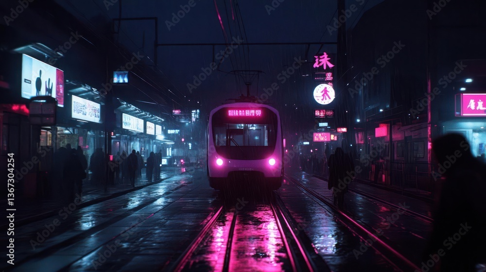 Poster illuminated train at a station platform with neon signs and rain reflecting light. figures of people