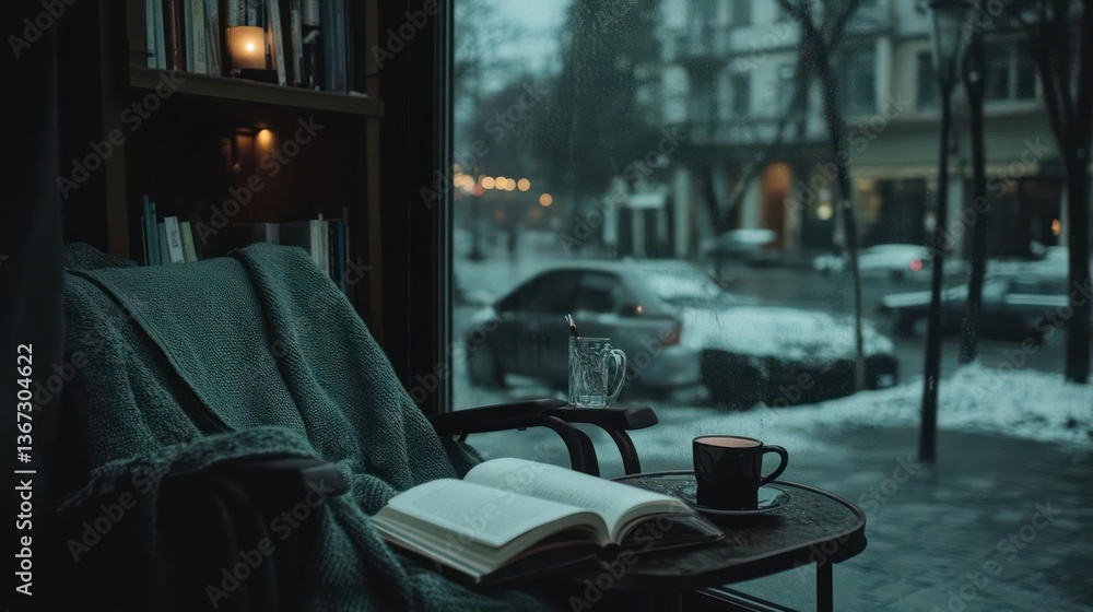 Poster cozy indoor scene with a lit candle on a bookshelf by a window overlooking a snowy street. a chair w