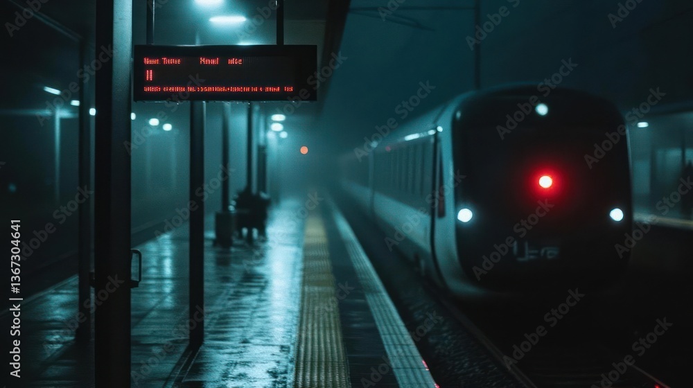 Aufkleber atmospheric railway station at night with a train approaching from the end of the platform under dim