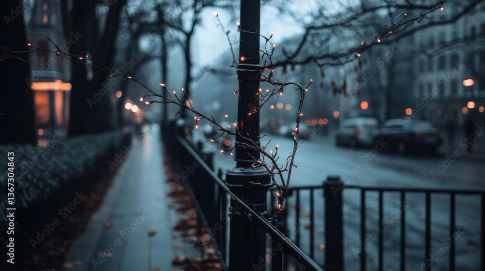 Poster an urban street scene after rain features a lamppost adorned with string lights. the wet pavement re