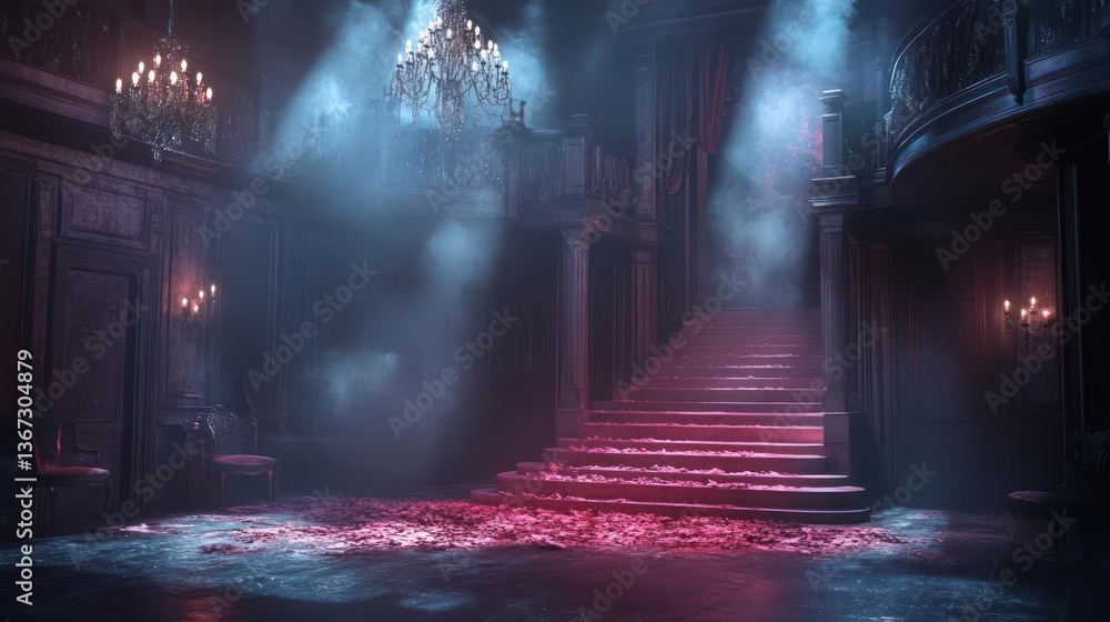 Poster Dramatic interior view of a hall with a staircase illuminated by stage lighting and chandeliers creating a hazy atmosphere with particles